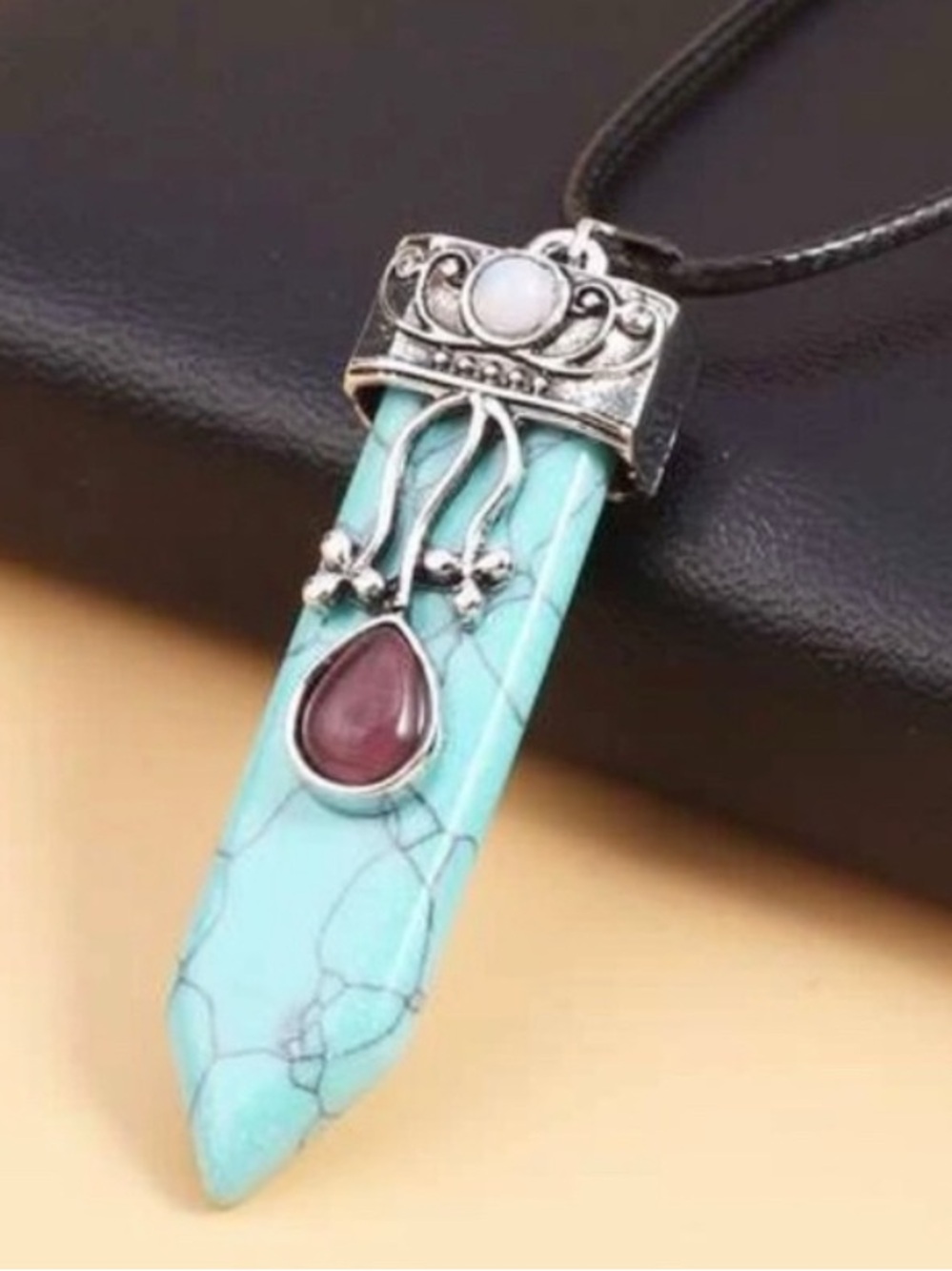 “Turquoise Spear” Renaissance Medieval Terminated Wand Cat’s Eye Opal Necklace